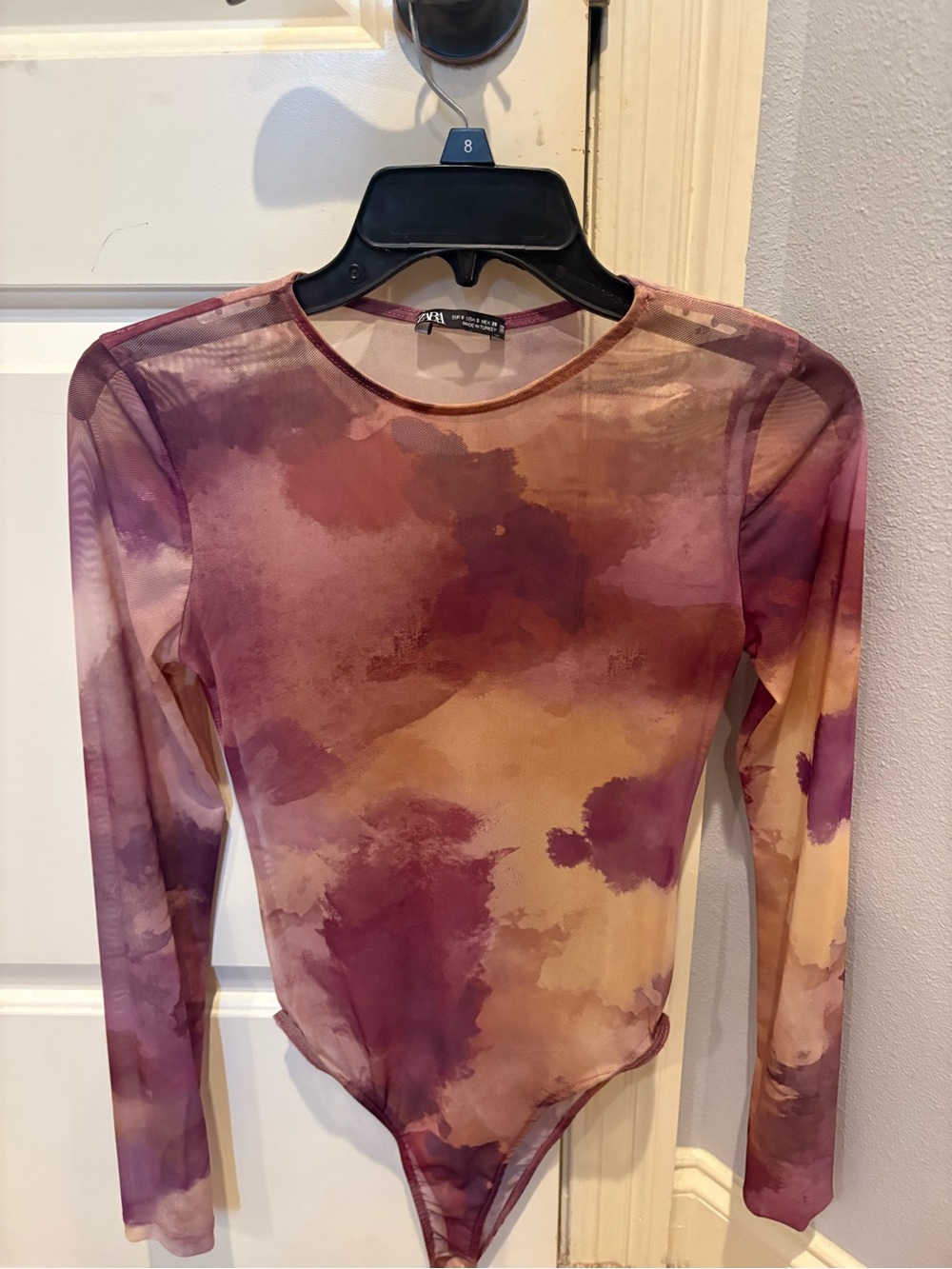 Zara Purple and Cream Tie-Dye Long Sleeve Mesh Bodysuit